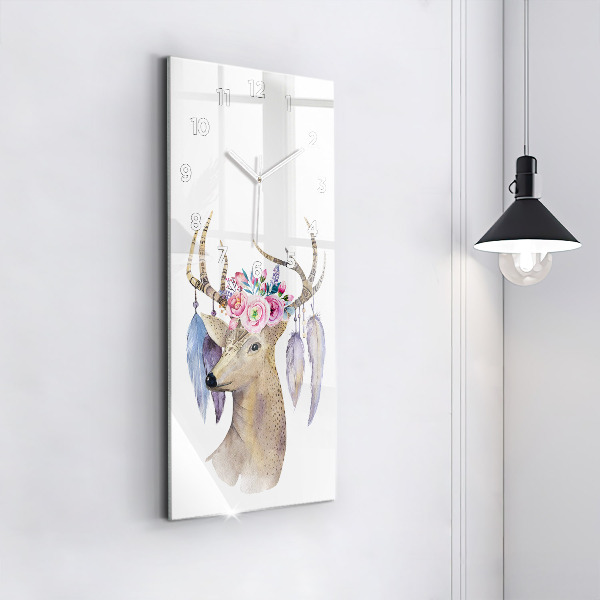 Vertical wall clock Deer head and flowers