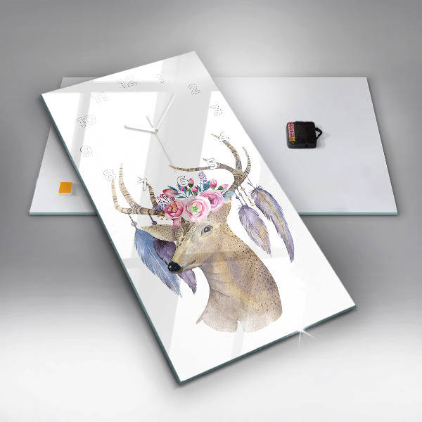 Vertical wall clock Deer head and flowers
