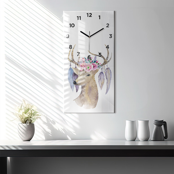 Vertical wall clock Deer head and flowers