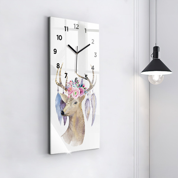 Vertical wall clock Deer head and flowers