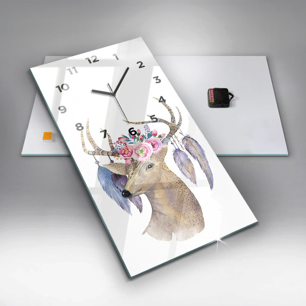 Vertical wall clock Deer head and flowers