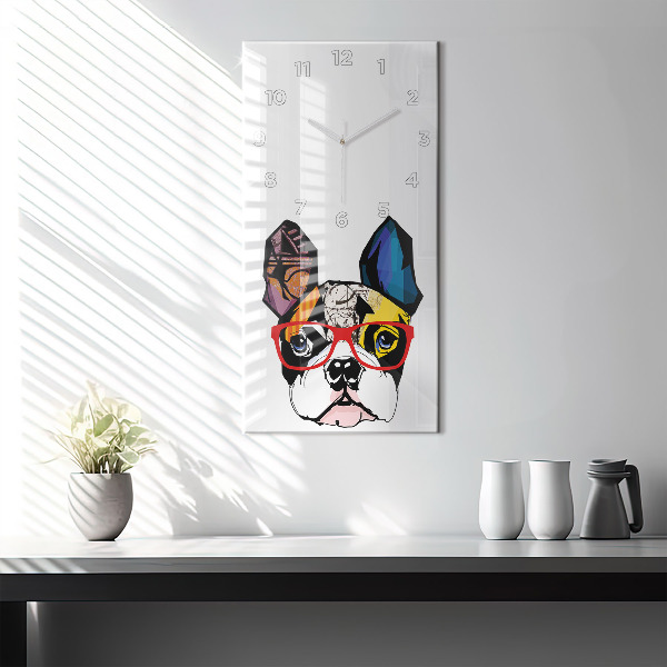Vertical wall clock French bulldog with glasses