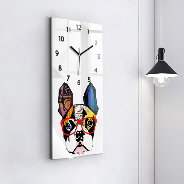 Vertical wall clock French bulldog with glasses