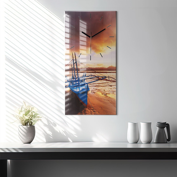 Vertical wall clock Boat and sunset