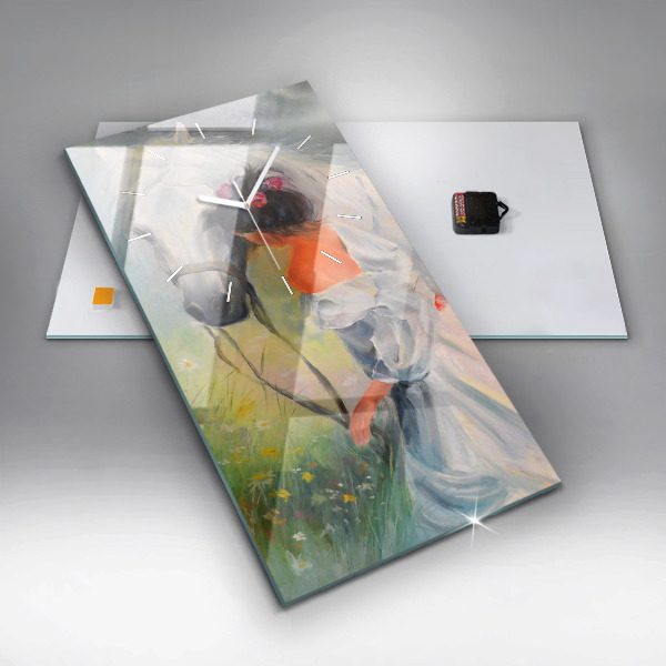 Vertical wall clock Beautiful woman with a horse
