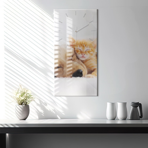 Vertical wall clock Sleeping cat and dog