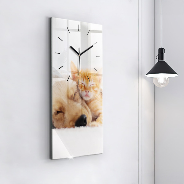 Vertical wall clock Sleeping cat and dog