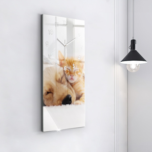 Vertical wall clock Sleeping cat and dog