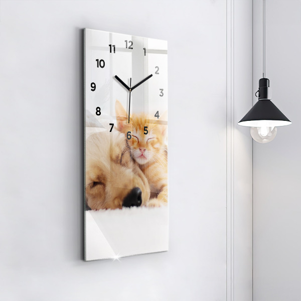 Vertical wall clock Sleeping cat and dog