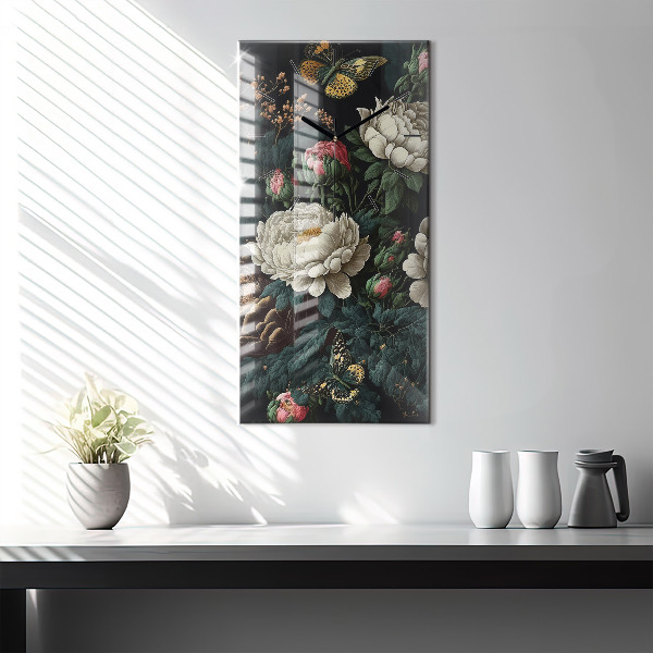 Vertical wall clock Flower and golden butterflies