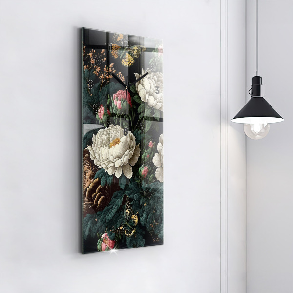 Vertical wall clock Flower and golden butterflies