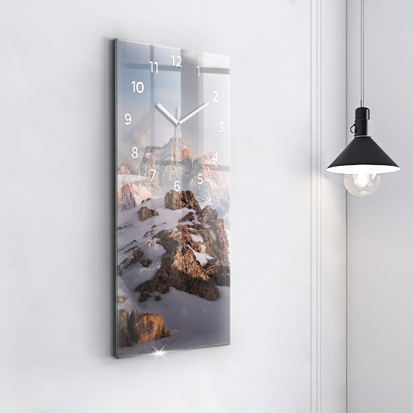 Vertical wall clock A mountain covered in snow