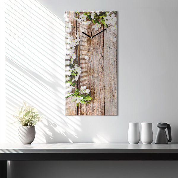 Vertical wall clock Flowers on wood
