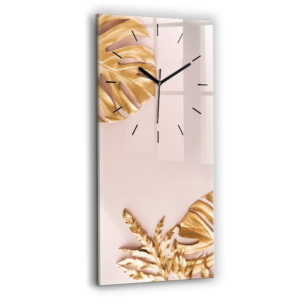 Vertical wall clock Golden tropical leaves