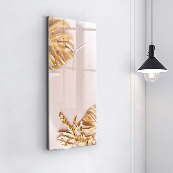 Vertical wall clock Golden tropical leaves