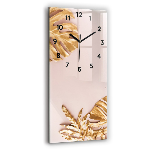 Vertical wall clock Golden tropical leaves