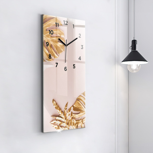 Vertical wall clock Golden tropical leaves