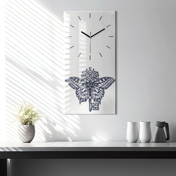 Vertical wall clock Butterfly and key - boho style