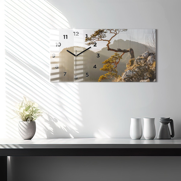 Horizontal wall clock A tree in the mountains