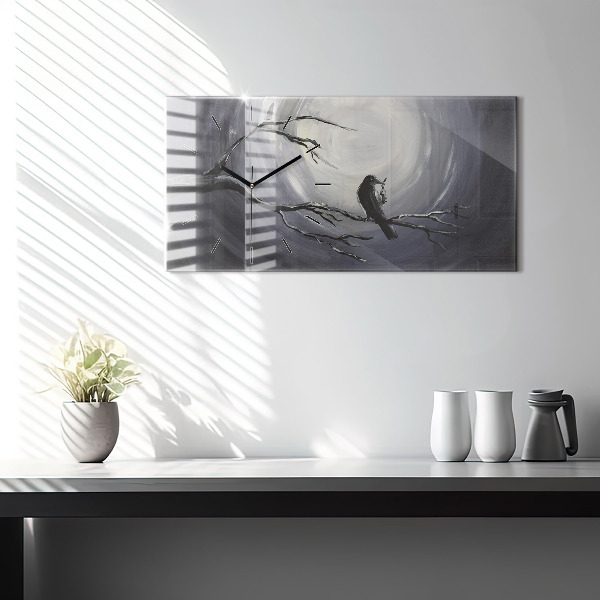 Horizontal wall clock Raven in the moonlight