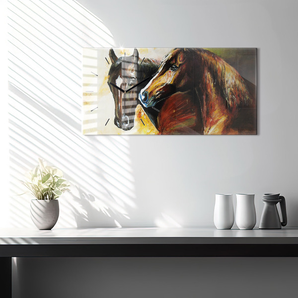 Horizontal wall clock Two painted horses