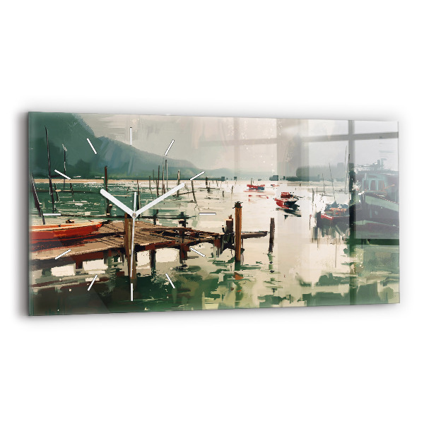 Horizontal wall clock Fishing boats in the port