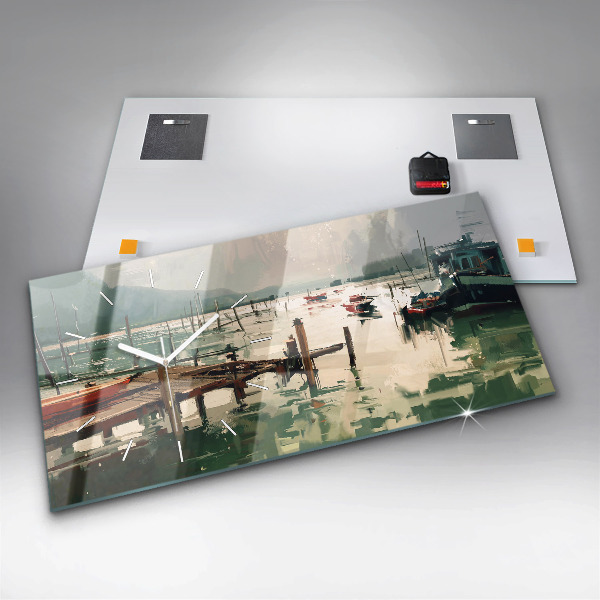 Horizontal wall clock Fishing boats in the port