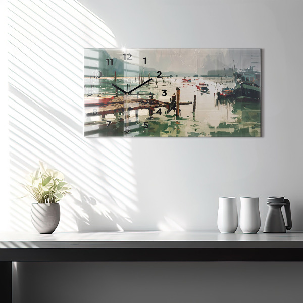 Horizontal wall clock Fishing boats in the port