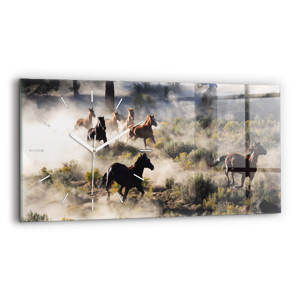 Horizontal wall clock A herd of rushing horses