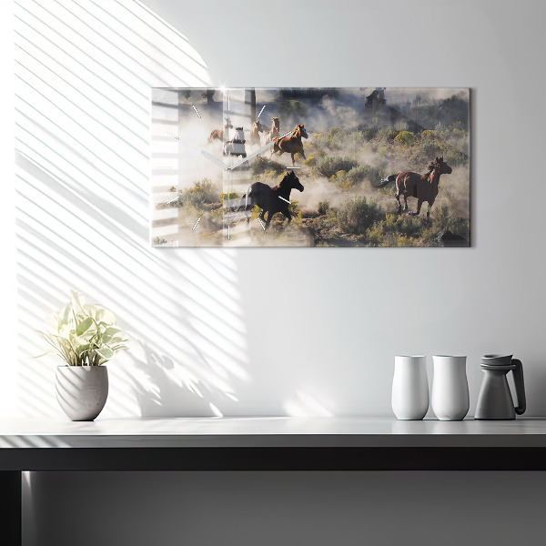 Horizontal wall clock A herd of rushing horses
