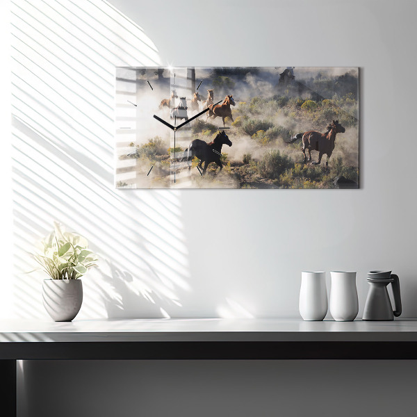 Horizontal wall clock A herd of rushing horses