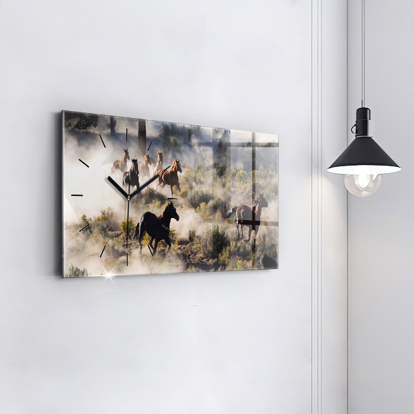 Horizontal wall clock A herd of rushing horses