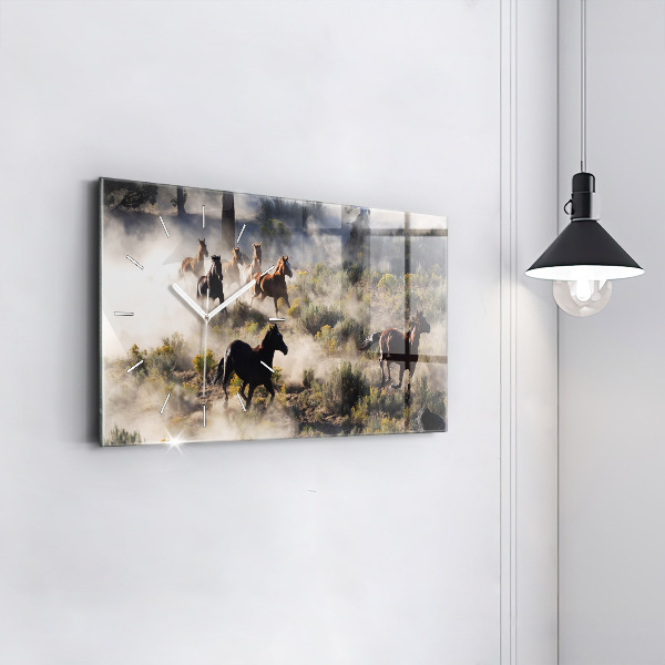 Horizontal wall clock A herd of rushing horses