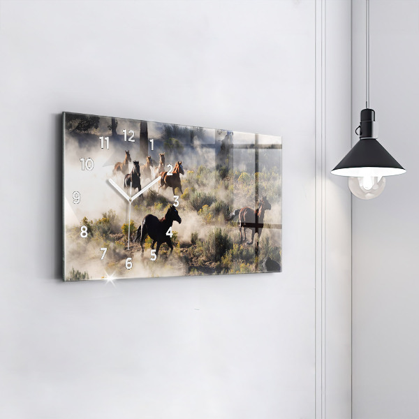 Horizontal wall clock A herd of rushing horses