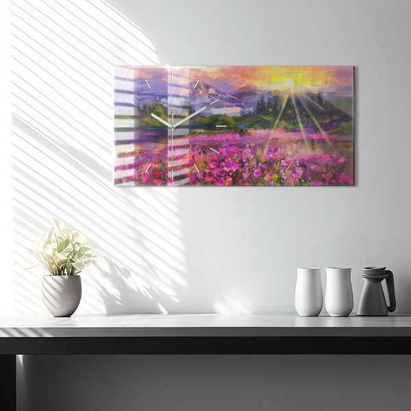 Horizontal wall clock Meadow in the sunset