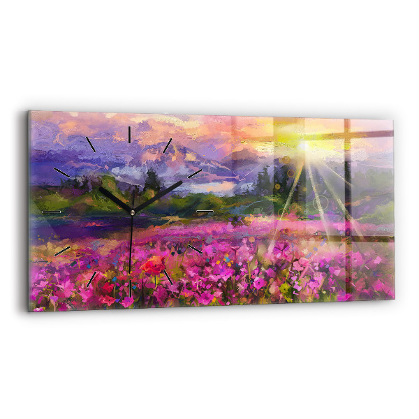 Horizontal wall clock Meadow in the sunset