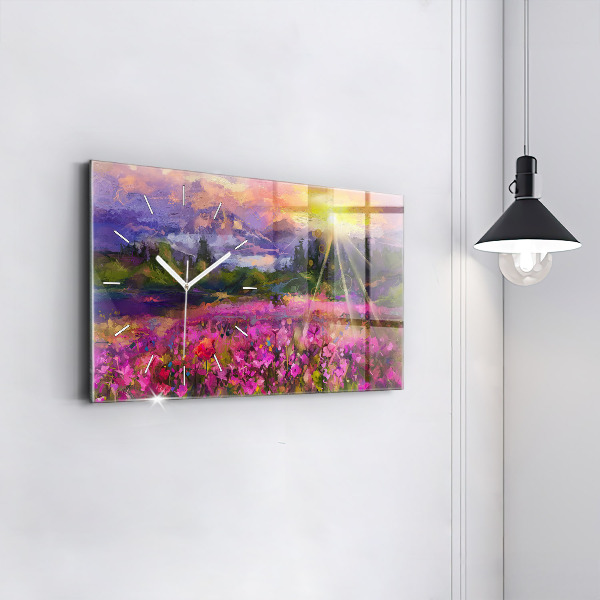 Horizontal wall clock Meadow in the sunset