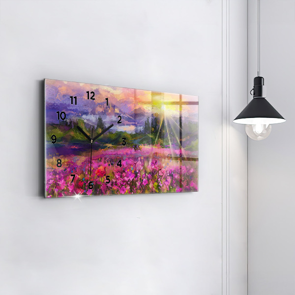 Horizontal wall clock Meadow in the sunset