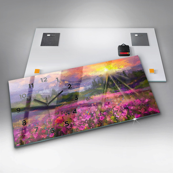 Horizontal wall clock Meadow in the sunset