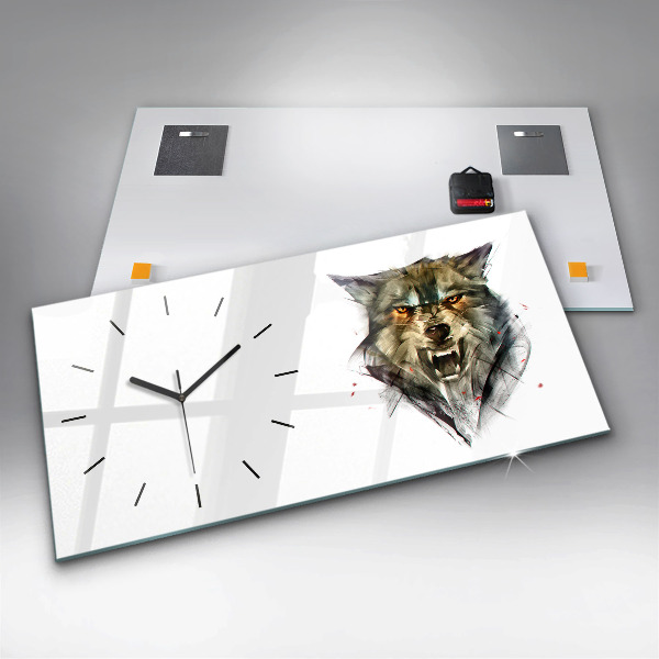 Horizontal wall clock Drawn portrait of a wolf