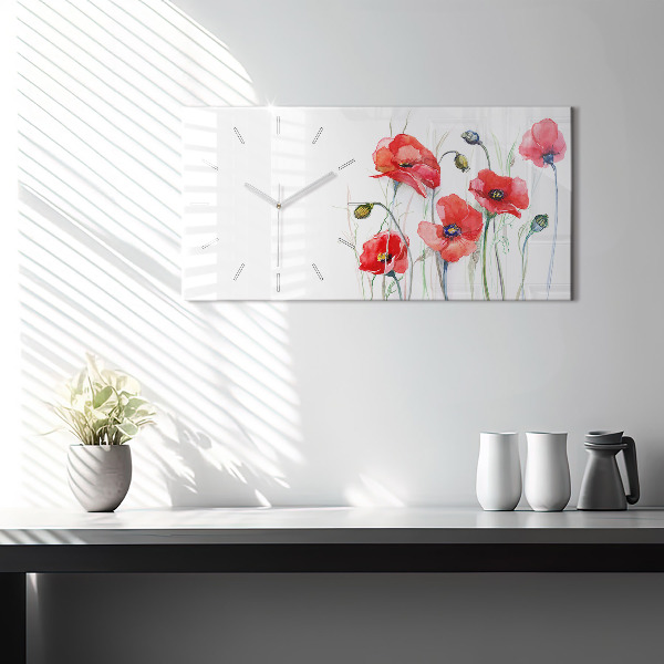 Horizontal wall clock Painted Red Poppies