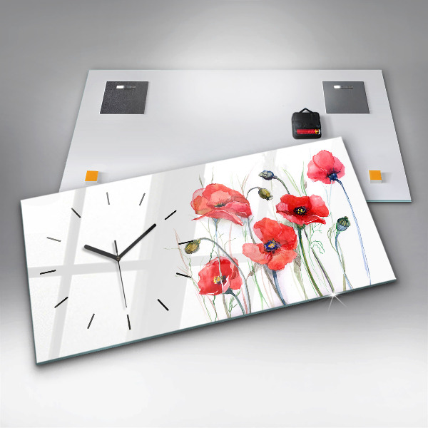 Horizontal wall clock Painted Red Poppies