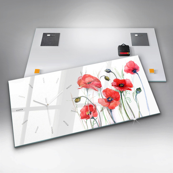 Horizontal wall clock Painted Red Poppies