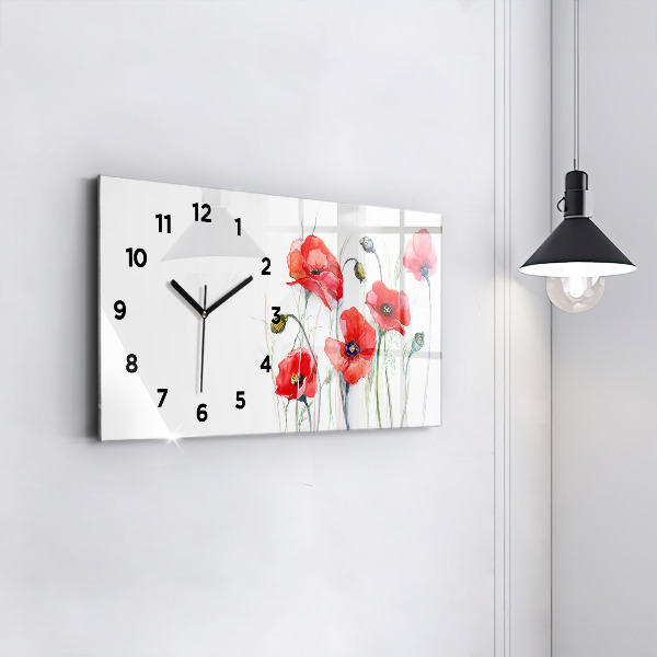 Horizontal wall clock Painted Red Poppies