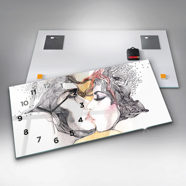 Horizontal wall clock Love kiss drawing