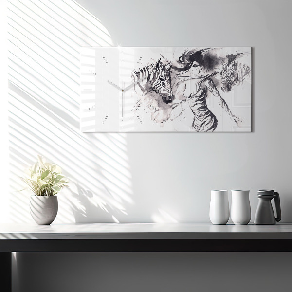 Horizontal wall clock Woman and zebras