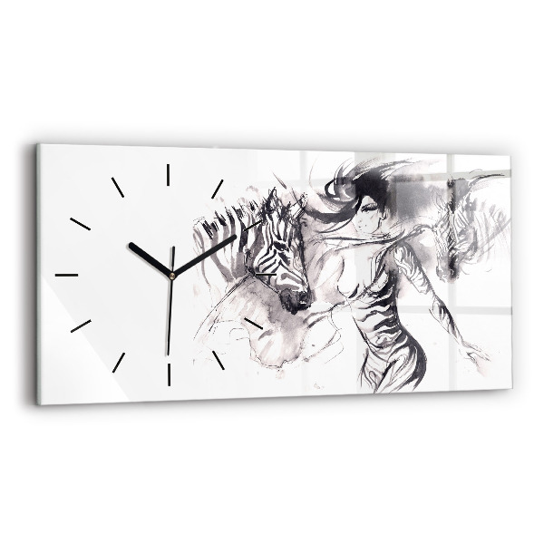 Horizontal wall clock Woman and zebras