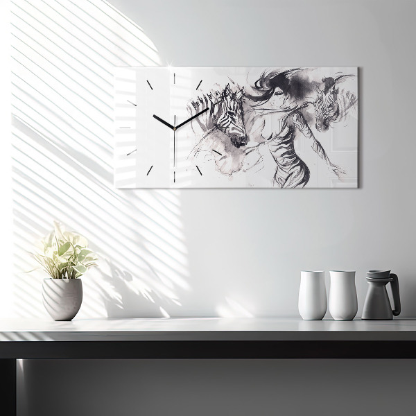 Horizontal wall clock Woman and zebras