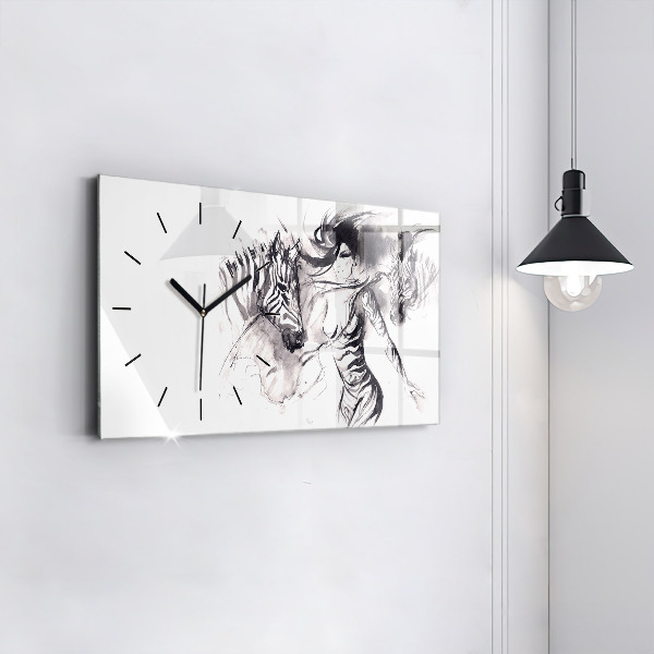 Horizontal wall clock Woman and zebras