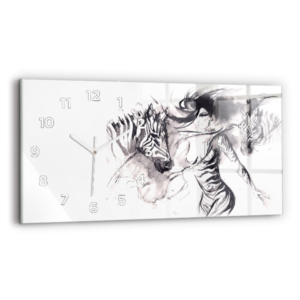Horizontal wall clock Woman and zebras